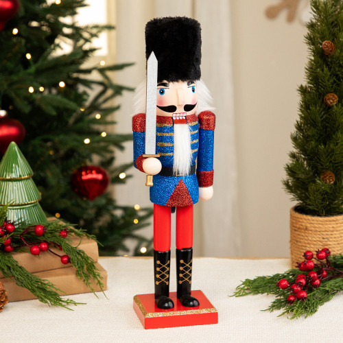 Christmas Nutcracker Soldier with Faux Fur Hat and Sword - 14" Red and Blue