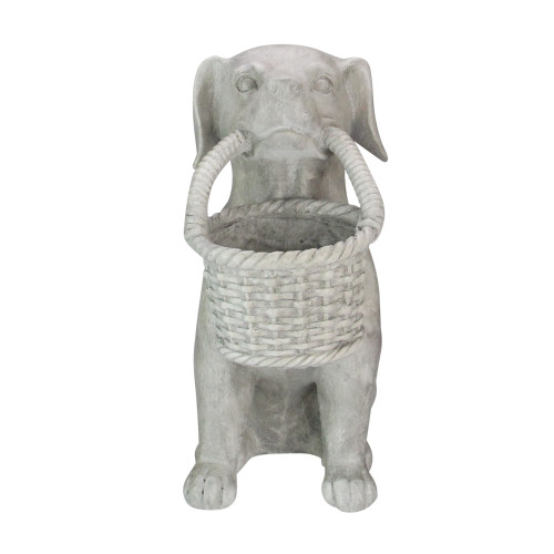14" Gray Dog with Basket Outdoor Garden Planter Statue