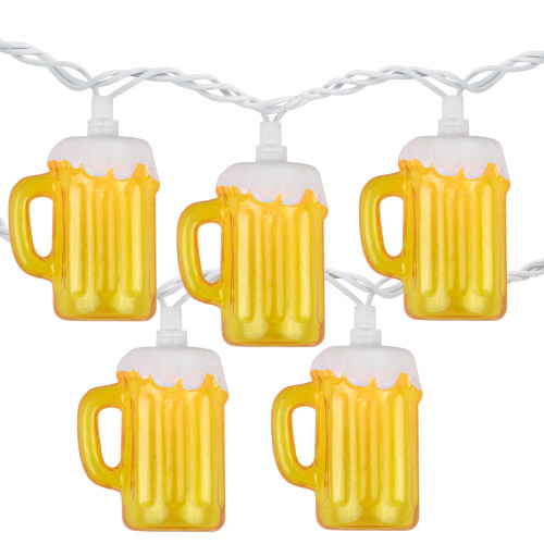 Beer Mug  Indoor Outdoor Patio Light Set - Yellow and White - 7.5' White Wire - 10ct