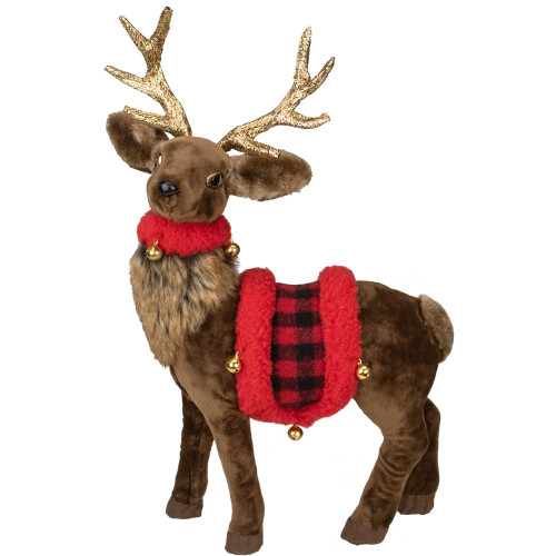 20.5" Standing Reindeer with Buffalo Plaid Saddle Christmas Figure
