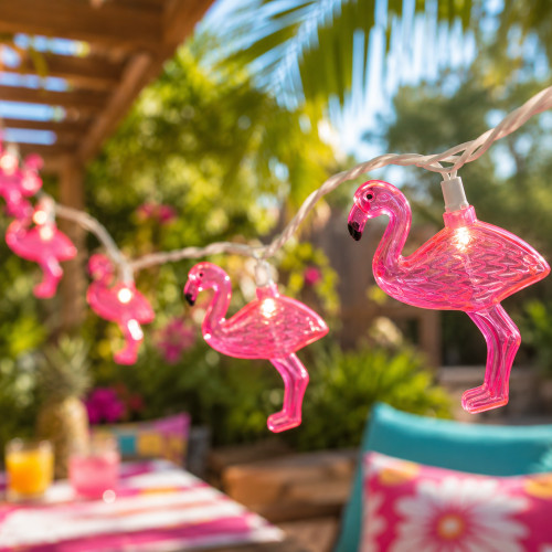 Pink Flamingo Indoor Outdoor Patio Light Set - 7.25' White Wire - 10ct