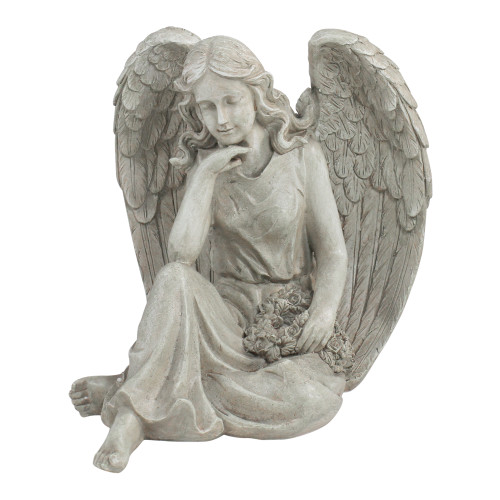 16.5" Sitting Angel Holding a Floral Wreath Outdoor Garden Statue