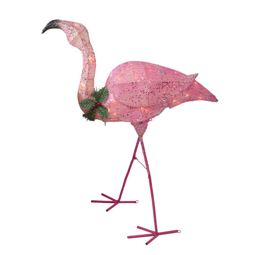 3' Pink Glittered Flamingo with Holly and Berry Outdoor Yard Decor