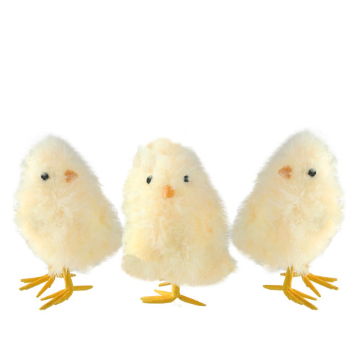 Set of 3 Yellow Furry Chick Figure Facing Left Figure Decoration 5"