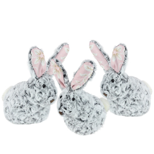 Set of 3 Plush Gray, White and Pink Floral Rabbit Easter Spring Decoration 6.5"