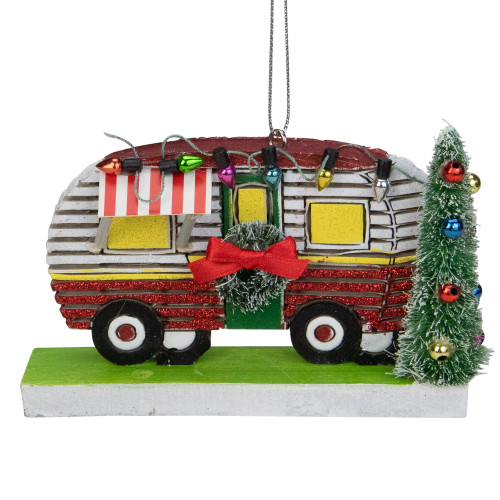 Glittered Red and White Camper with Christmas Tree Ornament 6"