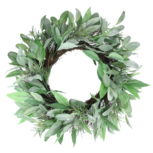 Green Round Mixed Faux Foliage Spiral Vine Spring Wreath - 25 inches Unlit