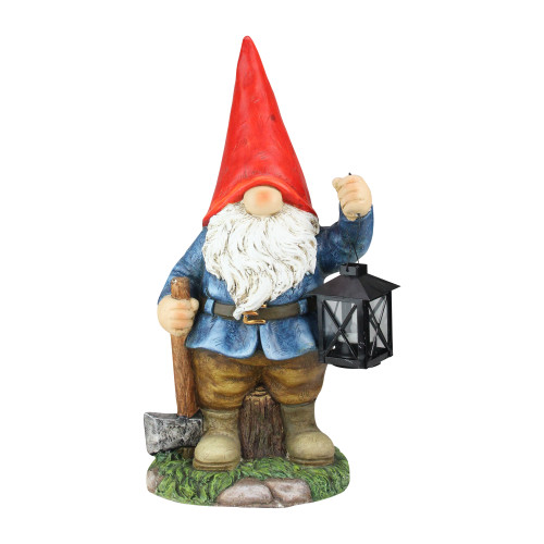 18" Blue and Red Garden Gnome with Ax and Functional Tea Light Candle Lantern