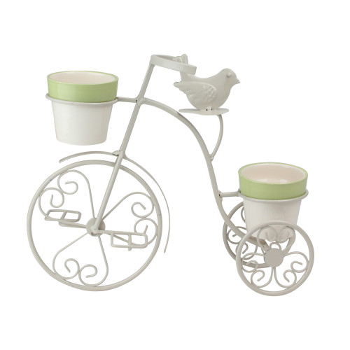 11.5" White and Green Mini Pots and Perched Bird Tricycle Planter