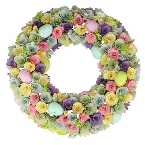 16.25" Pastel Easter Egg and Wooden Rose Springtime Floral Wreath