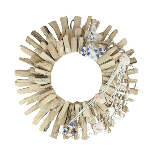 19" Tan and Blue Seaside Seashell and Driftwood Wreath