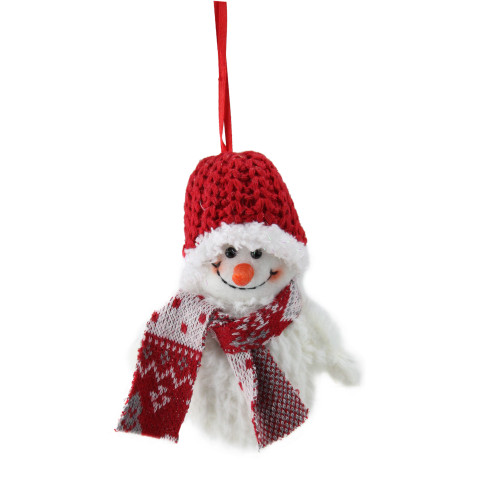 5" Red and White Smiling Fuzzy Snowman Christmas Figure Ornament