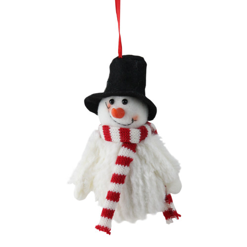 5" Smiling Fuzzy Snowman with Top Hat and Striped Scarf Christmas Figure Ornament