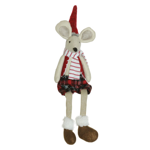17" Plush Red Plaid Sitting Christmas Boy Mouse with Dangling Legs Decoration