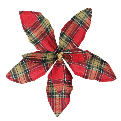 13.5" Red and Brown Plaid Poinsettia Flower Christmas Pick