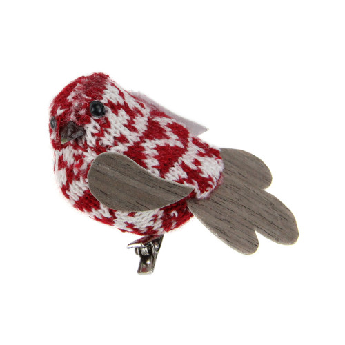 3.5" Red and White Knit Bird Clip On Christmas Ornament