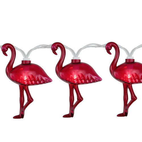 10 Pink Flamingo Summer Garden Patio Lights - 7.5 ft White Wire