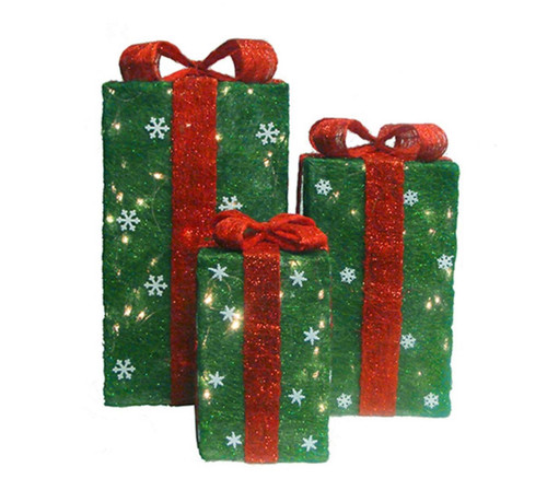 Set of 3 Lighted Tall Green Sisal Gift Boxes Christmas Outdoor Decorations