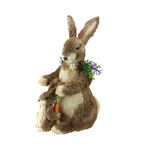 15.5" Bunny Mom and Son with Flower Necklace and Carrot Figures