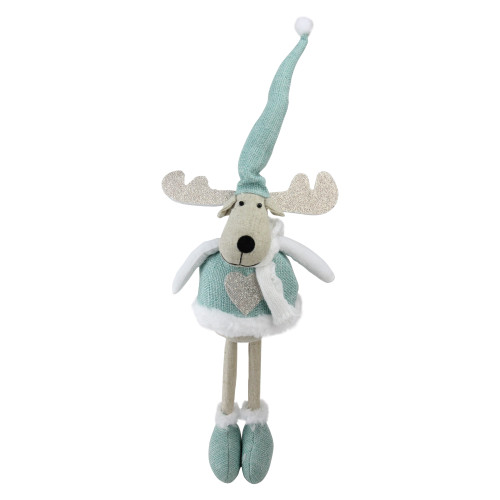 18" Teal Blue and White Standing Moose Tabletop Decor