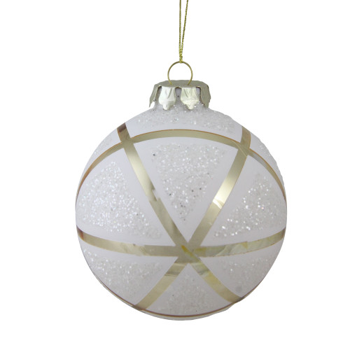 White Glittered Geometric Glass Christmas Ball Ornament 4" (100mm)