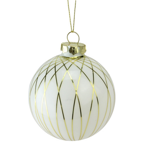 White and Gold Geometric Shiny Glass Christmas Ball Ornament 3.25" (80mm)