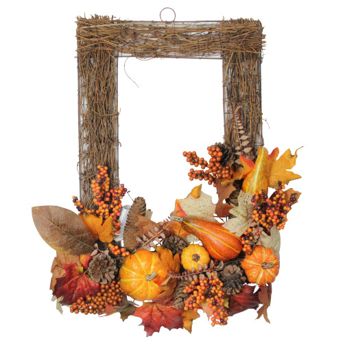 24" Brown and Orange Pine Cone Rectangular Thanksgiving Wreath - Unlit