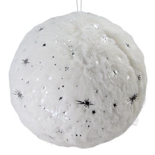 5-Inch White Fur Christmas Ball Ornament with Silver Stars