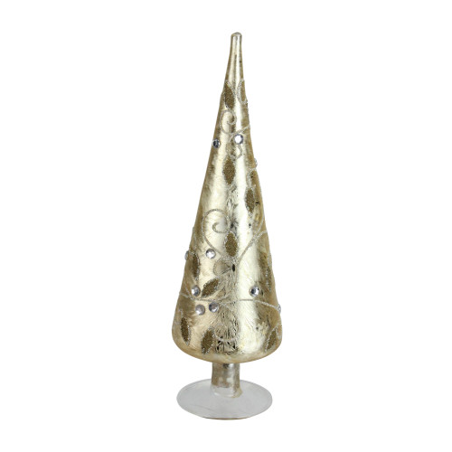 12" Gold and White Glittered Glass Cone Tree Christmas Tabletop Decor