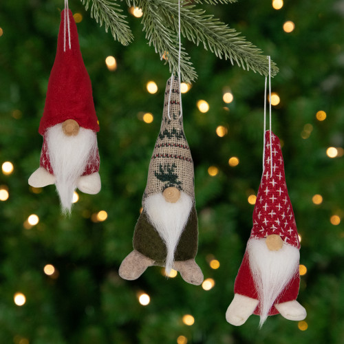Santa Gnome Christmas Ornament - 4.25" - Red and Green - Set of 3