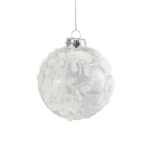 Clear and White Glitter Bead Glass Christmas Ball Ornament 3.25" (80mm)