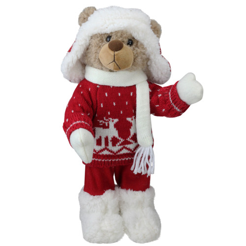 14" White and Red Winter Boy Bear in Deer Sweater Christmas Figure Decoration