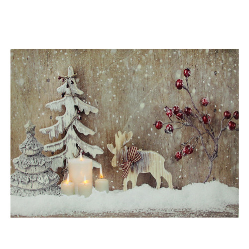 LED Lighted Rustic Reindeer, Candles & Berries Christmas Canvas Wall Art 12" x 15.75"