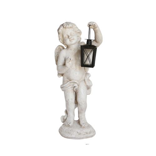 20" Distressed Ivory Cherub Angel with Tealight Glass Candle Lantern Outdoor Patio Garden Statue