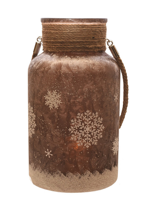 10" Brown Iced and Glittered Snowflake Christmas Pillar Candleholder Lantern with Handle