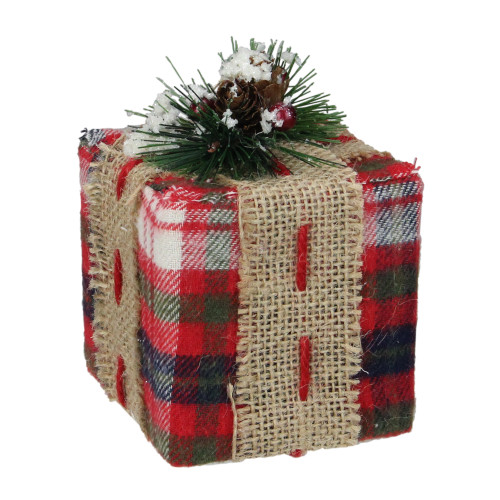 4.5" Small Red Plaid Gift Box with Burlap Bow Christmas Decor