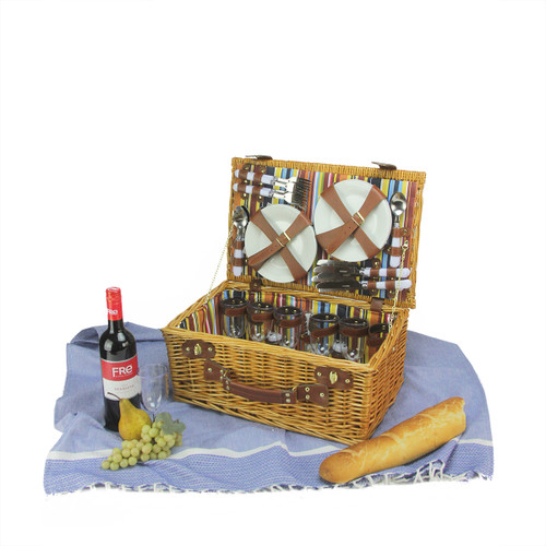 7.75" x 17.25" Honey Brown Hand Woven Willow Striped 6-Person Picnic Basket Set with Accessories
