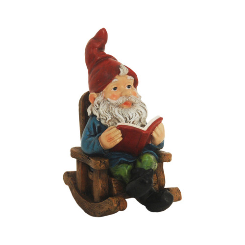 9.25" Red and Brown Rocking Chair Forest Gnome with book Outdoor Patio Garden Statue