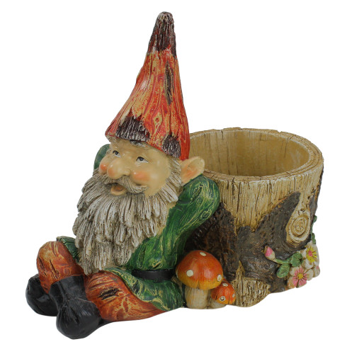 9.5" Weathered Lounging Gnome with Tree Trunk Planter Garden Statue