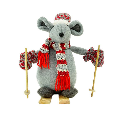 11.75" Red and Gray Skiing Mouse Christmas Tabletop Decor
