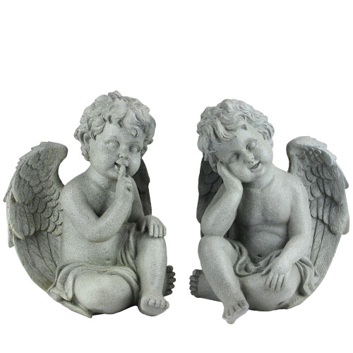 Set of 2 Distressed Gray Sitting Cherub Angels Outdoor Patio Garden Statues