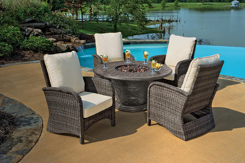 5pc Portico Wicker Patio Chair and Cast Aluminum Gas Fire Pit Outdoor Furniture Set - Beige Cushions