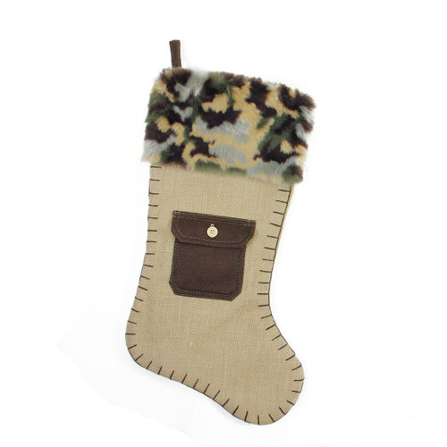 20.5" Green and Brown Pocket Christmas Stocking with Camouflage Cuff