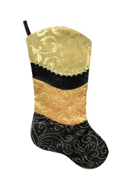 19" Black and Gold Embossed Velvet and Silk Christmas Stocking with Brocade Cuff and Metallic Trim