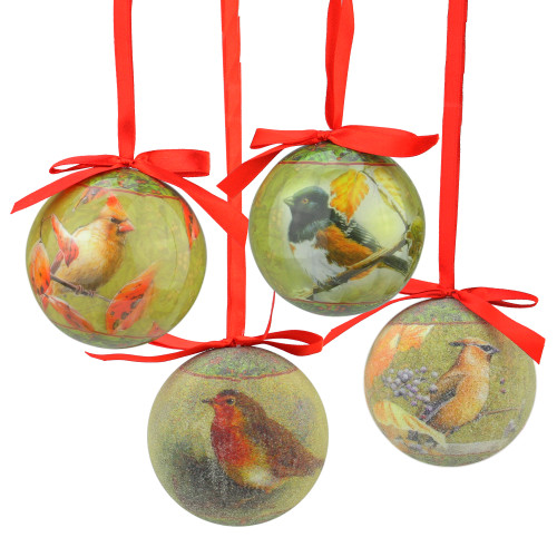 14ct Green and Red Birds Decoupage Shatterproof Christmas Ball Ornament Set 2.75"