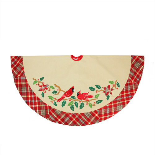 48" Beige and Red Embroidered Cardinal Birds Christmas Tree Skirt with Plaid Border