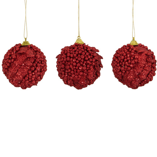 3ct Cherry Red Shatterproof Holographic Glittered Christmas Ball Ornaments 3" (75mm)