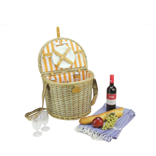 14.25" Warm Beige and Orange Handwoven Striped 2-Person Picnic Basket Set with Accessories