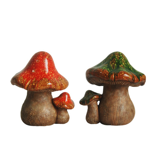 Set of 2 Green and Orange Mottled Double Mushroom Outdoor Patio Garden Statue 11"