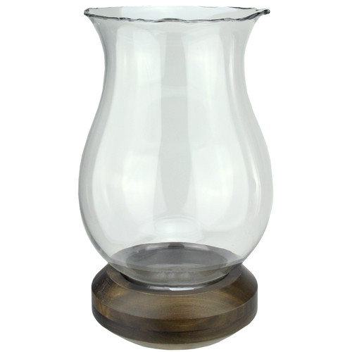 17" Wavy Edged Clear Glass Hurricane Pillar Candle Holder with Wooden Base